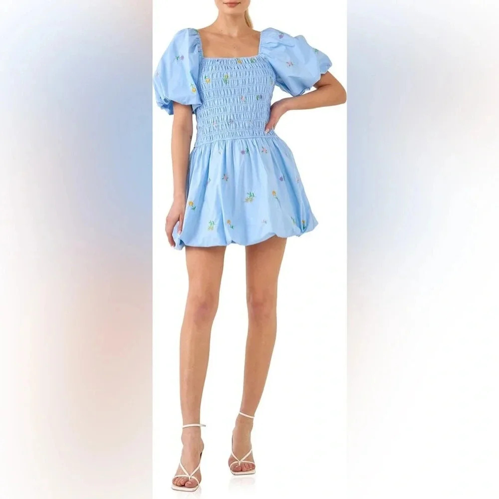 English Factory Floral Embroidery Cotton Puff Sleeve Mini Dress - Picture 3 of 9